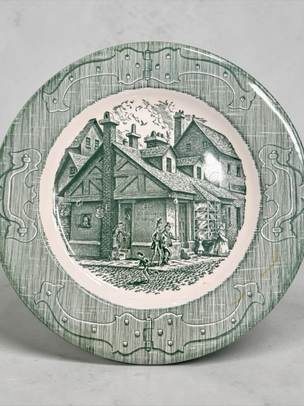VTG Royal China The Old Curiosity Shop Green Transferware Dinner Plate 10”